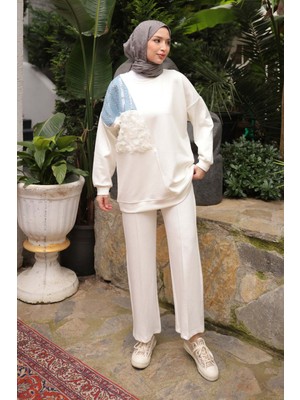 İmaj Butik Ekru Kot Garnili Modal Tunik Pantolonlu Takım