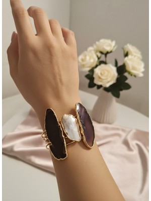 Toka Delisi Gold El Yapımı Özel Tasarım Inci Agat Doğal Taşlı Kelepçe Bileklik