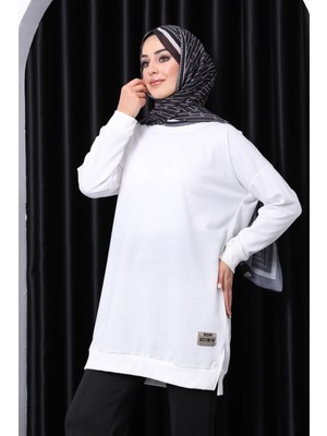 İmaj Butik Ekru Bisiklet Yaka Armalı Tunik