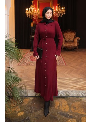 İmaj Butik Bordo Düğmeli Triko Elbise