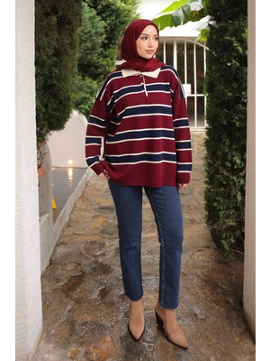 İmaj Butik Bordo Çizgili Yakalı Triko Kazak