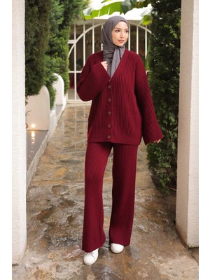 İmaj Butik Bordo Selanik Örme Hırka Pantolonlu Triko Takım