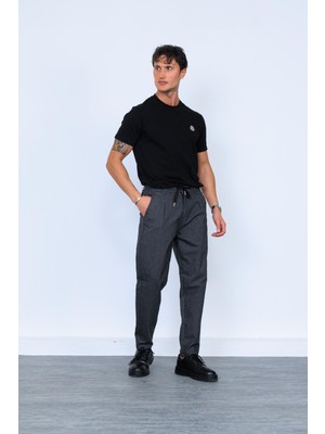 Siyah Önü Düğmeli Beli Lastikli Yünlü Jogger