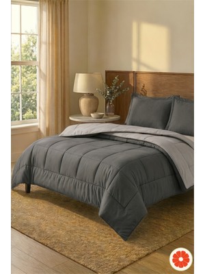 Pomelo Home Çift Taraflı %100 Pamuk Yorgan Takımı Çarşaf ve 2 Yastık Kılıflı | Antrasit-Gri Çift Kişilik