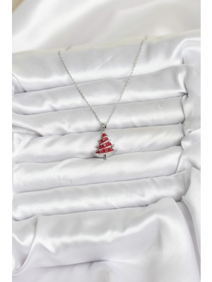 Stillove 316L Çelik Zincir Gümüş Renk Kırmızı Çam Ağacı Model Yılbaşı Temalı Kadın Kolye