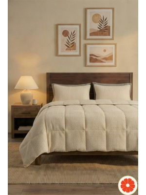 Pomelo Home %100 Pamuk Waffle Uyku Seti | Yorgan + 2 Yastık Kılıfı + Çarşaf | Çantalı Çift Kişilik