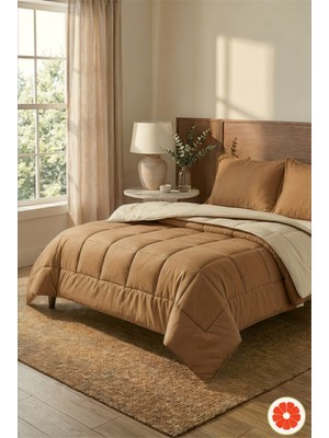 Pomelo Home Çift Taraflı %100 Pamuk Yorgan Takımı Çarşaf ve Yastık Kılıflı | Kahve-Ekru Tek Kişilik