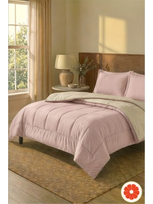 Pomelo Home Çift Taraflı %100 Pamuk Yorgan Takımı Çarşaf ve 2 Yastık Kılıflı | Pudra-Ekru Çift Kişilik