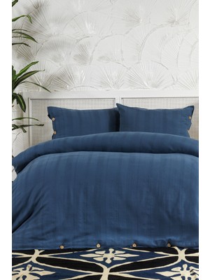 Elart Tiara Nevresim Takımı Çift Kişilik Lastikli Çarşaf %100 Pamuk Ranforce Ahşap Düğmeli (200X220 Cm) Mavi