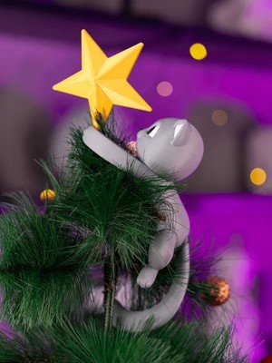 3dprototürk Kedi Figürlü Yılbaşı Ağacı Tepe Süsü 27 cm - Büyük Boy Dekoratif Yeni Yıl Süsü -Gri