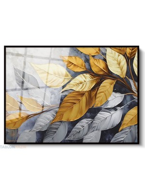 Tablonhazır Çerçeveli Yatay Cam Tablo Salon Duvar Tablosu Yatay Cam Grialtinyapraklar Ofis Tablosu