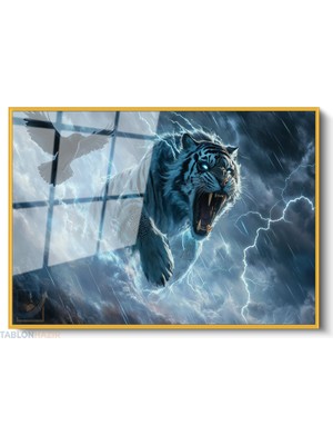 Tablonhazır Çerçeveli Yatay Cam Tablo Salon Duvar Tablosu Yatay Cam Kartal ve Kaplan Ofis Tablosu