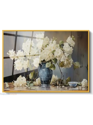 Tablonhazır Çerçeveli Yatay Cam Tablo Salon Duvar Tablosu Yatay Cam Vazodabeyazcicekler2 Ofis Tablosu