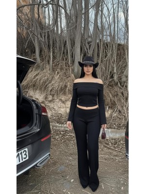 StockMount Kadın Krem Uzun Kol Madonna Yaka Bol Paça Pantolon ve Alt Üst Ikili Takım