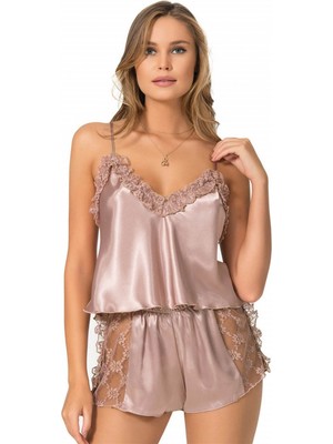 Marsilyan Vizon Saten Babydoll Şort Takımı