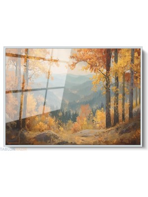 Tablonhazır Çerçeveli Yatay Cam Tablo Salon Duvar Tablosu Yatay Cam Sonbahar Manzara Turuncu Ofis Tablosu