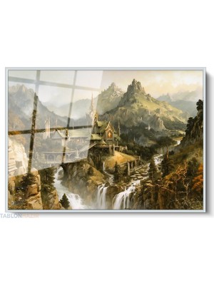 Tablonhazır Çerçeveli Yatay Cam Tablo Salon Duvar Tablosu Yatay Cam Rivendell Lotr 3 Ofis Tablosu
