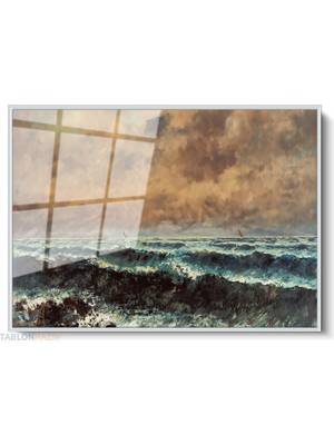 Tablonhazır Çerçeveli Yatay Cam Tablo Salon Duvar Tablosu Yatay Cam Klasik Dalgali Sahil Ofis Tablosu