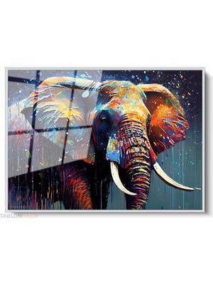 Tablonhazır Çerçeveli Yatay Cam Tablo Salon Duvar Tablosu Yatay Cam Renkli Boyali Fil Ofis Tablosu