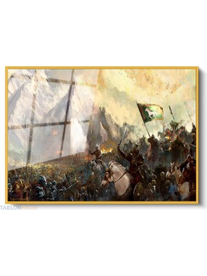 Tablonhazır Çerçeveli Yatay Cam Tablo Salon Duvar Tablosu Yatay Cam Rohan Lotr Savas Ofis Tablosu