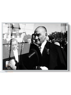 Tablonhazır Çerçeveli Yatay Cam Tablo Salon Duvar Tablosu Yatay Cam Ataturk ve Halk 2 Ofis Tablosu
