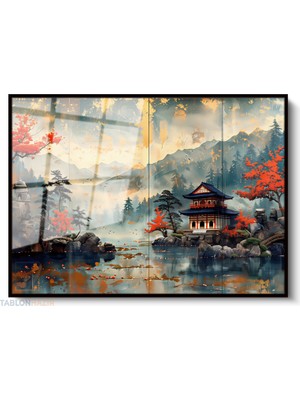 Tablonhazır Çerçeveli Yatay Cam Tablo Salon Duvar Tablosu Yatay Cam Japon Klasik Manzara Ofis Tablosu