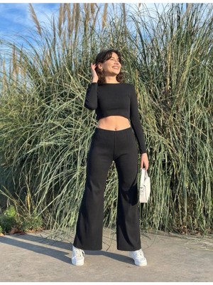 StockMount Siyah Uzun Kollu Crop ve Bol Paça Pantolon Kaşkorse Kumaş Alt Üst Takım