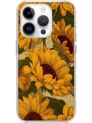 TechTree iPhone 14 Pro Uyumlu Altın Sarısı Ayçiçeği Bahçesi Baskılı Silikon Kılıf