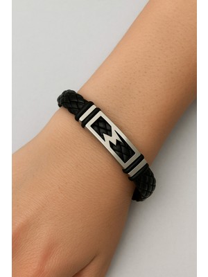 Herşey Nota Şimşek Figürlü Unisex Örme Deri Bileklik – Paslanmaz Çelik Detaylı Güçlü Tasarım