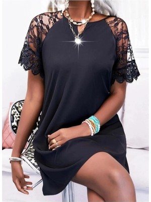 Faylora Kadın Dantelli Kısa Kollu Damla Yaka Krep Elbise