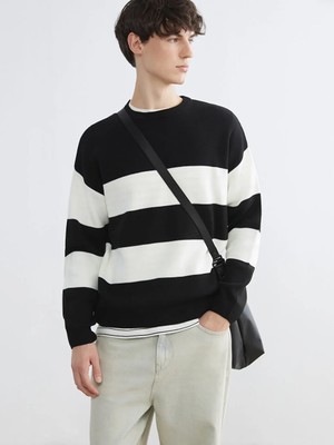 LC Waikiki Xsıde Siyah Bisiklet Yaka Çizgili Erkek Triko Kazak