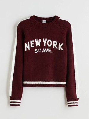 LC Waikiki Lcw Kids Bordo Bisiklet Yaka New York Desenli Kız Çocuk Triko Kazak