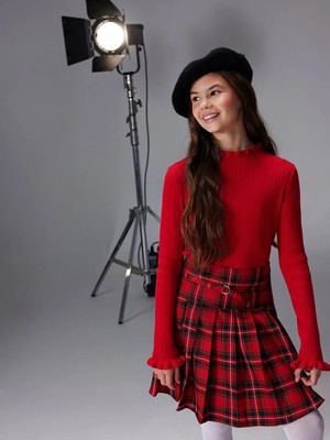 LC Waikiki Lcw Kids Kırmızı Dik Yaka Desenli Kız Çocuk Triko Kazak