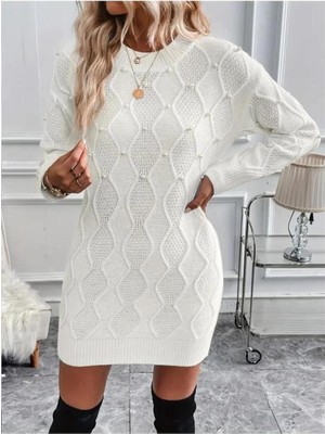 Faylora Kadın Uzun Kollu Bisiklet Yaka Desenli Triko Elbise