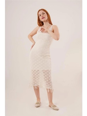 Faylora Eyesof Ajurlu V Yaka Püskül Detaylı Krem Elbise