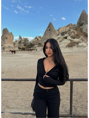 StockMount Siyah Fermuarlı Kapüşonlu Parmak Geçme Detaylı Hırka ve Bol Paça Pantolon Kaşkorse Kumaş Ikili Takım