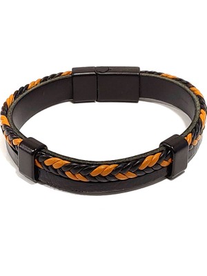 Herşey Nota Siyah Taba Karışımlı Örgü Deri Erkek Bileklik | Hakiki Deri – Mıknatıslı Metal Tokalı Şık Tasarım