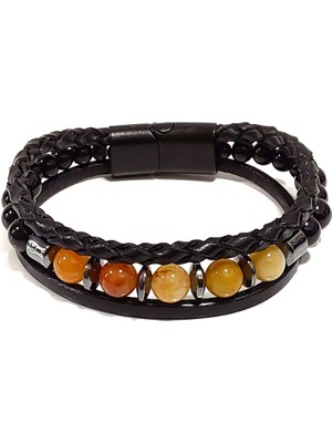 Herşey Nota Doğal Taşlı Siyah Örme Deri Erkek Bileklik – Mıknatıslı Metal Tokalı Şık Tasarım