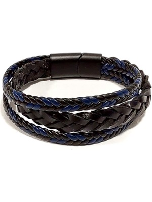 Herşey Nota Siyah ve Mavi Hakiki Deri Balıksırtı Örme 3 Katmanlı Erkek Bileklik – Mıknatıslı Metal Tokalı
