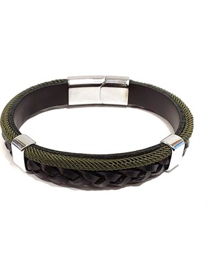 Herşey Nota Yuvarlak Sırım Saç Örgü Siyah Yeşil Deri Unisex Bileklik – El Örgüsü Görünüm, Tek Ebat