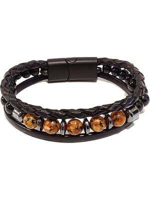 Herşey Nota Siyah Kahverengi Doğaltaşlı Hakiki Deri Erkek Bileklik | Mıknatıslı Metal Tokalı Tasarım