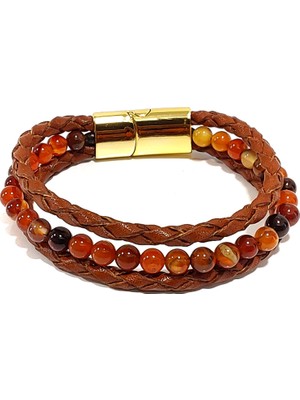 Herşey Nota Turuncu Doğaltaş Kombin Erkek Bileklik | Hakiki Deri Detaylı Mıknatıslı Metal Tokalı Enerjik Tasarım