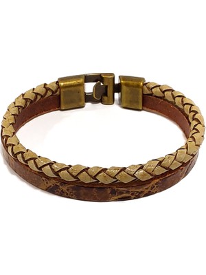Herşey Nota Çift Sıra Kahverengi Örgü ve Hakiki Deri Erkek Bileklik | Mıknatıslı Metal Tokalı Tasarım