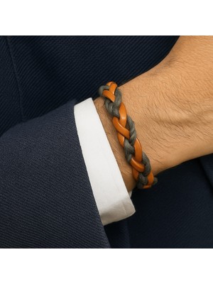 Herşey Nota Taba ve Haki Karışım Renkli Gerçek Deri Örgü Erkek Bileklik | Mıknatıslı Metal Tokalı Modern Tasarım