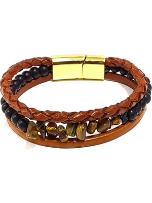 Herşey Nota Kaplan Gözü Doğaltaş ve Hakiki Deri Erkek Bileklik | Kahverengi Siyah Kombin-Mıknatıslı Metal Tokalı