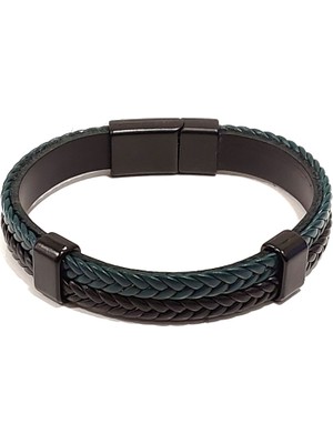 Herşey Nota Erkek Kahverengi Mavi Deri Örgü Detaylı Çift Katlı Bileklik | Hakiki Deri – Metal Tokalı Tasarım