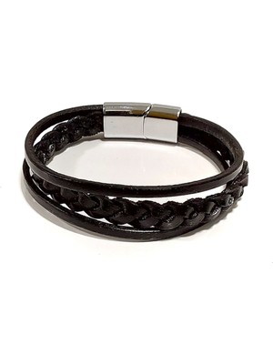 Herşey Nota Örme ve Ip Detaylı Siyah Deri Unisex Bileklik – Minimal ve Modern Tasarım, Tek Ebat