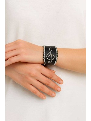 Herşey Nota Gerçek Deri Sol Anahtar Bileklik – Siyah Beyaz Şık Hediyelik