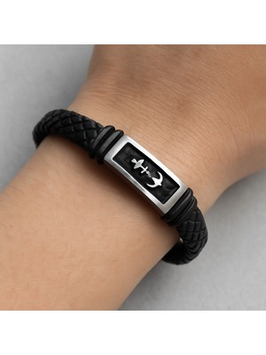 Herşey Nota Çapa Figürlü Unisex Örme Deri Bileklik – Paslanmaz Çelik Detaylı Şık Tasarım