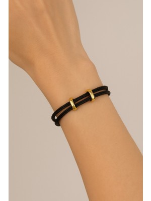 Herşey Nota Siyah Çift Ip Altın Renk Halkalı Kadın Bileklik – Ayarlanabilir Şık Tasarım